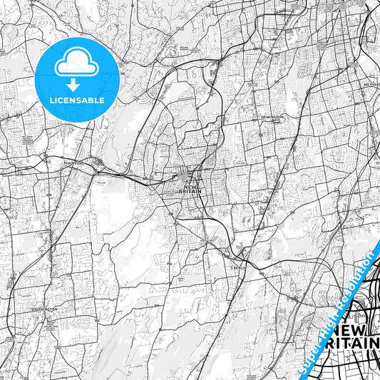 New Britain, Connecticut light map with streetnames, citynames and districts