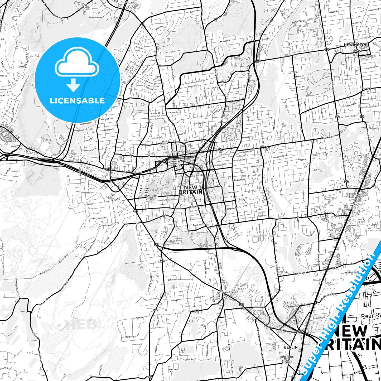 New Britain, Connecticut Light Map with Street Names, City Names, and Districts