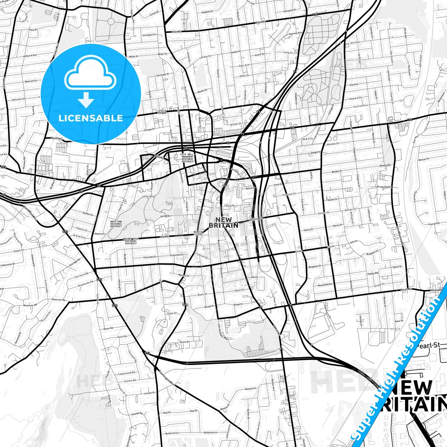 New Britain, Connecticut Light Map with Street Names, City Names, and Districts