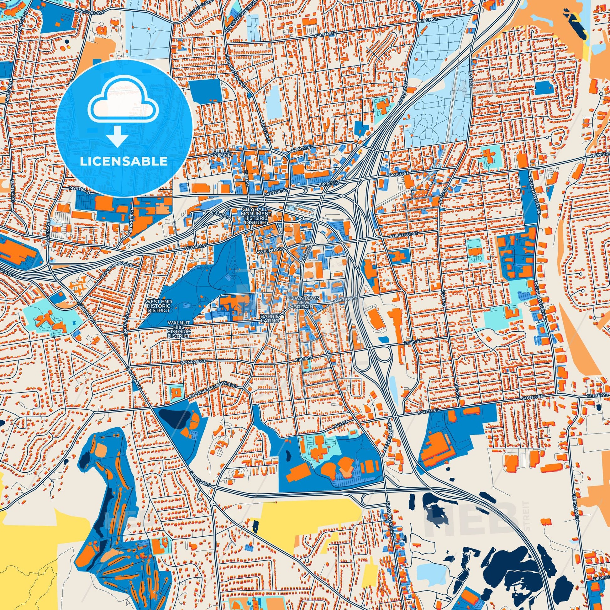 Colorful New Britain Street Map with Labels and Buildings