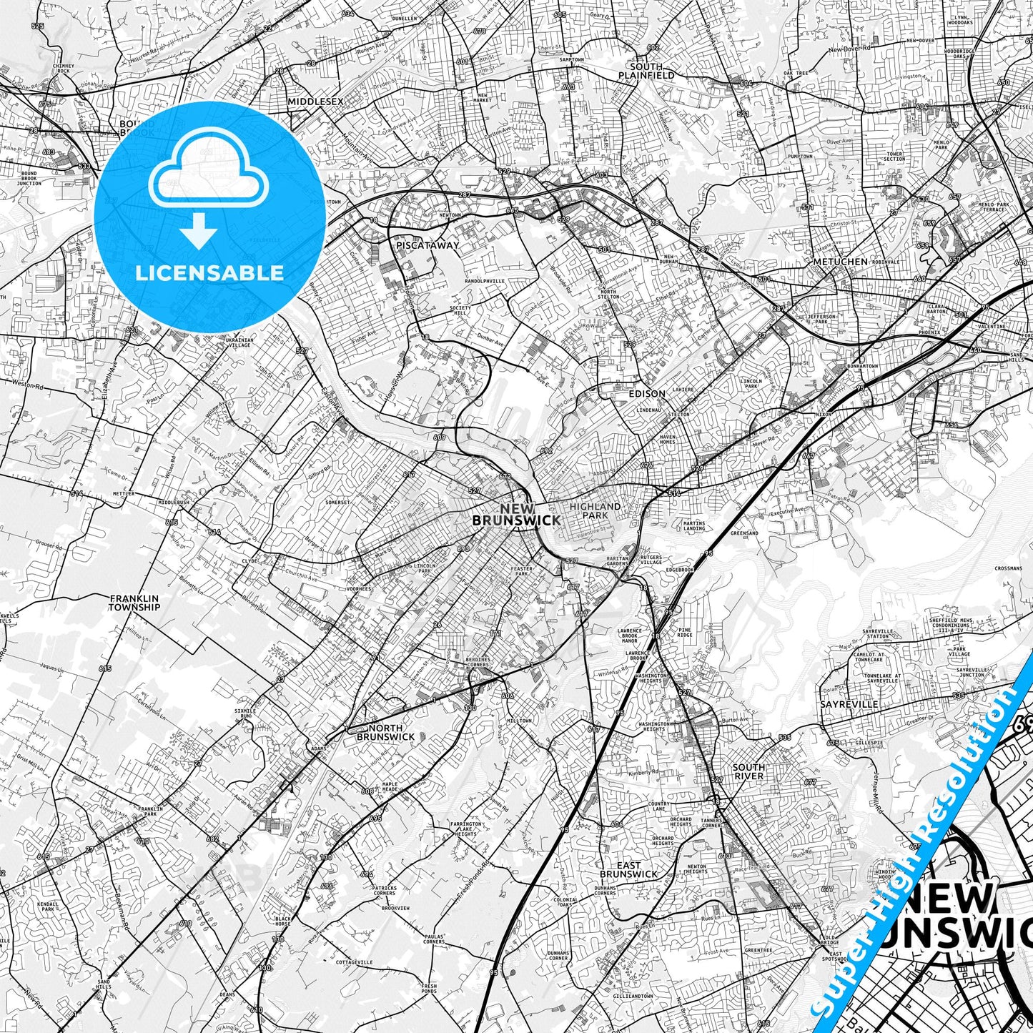 New Brunswick, New Jersey light map with streetnames, citynames and districts