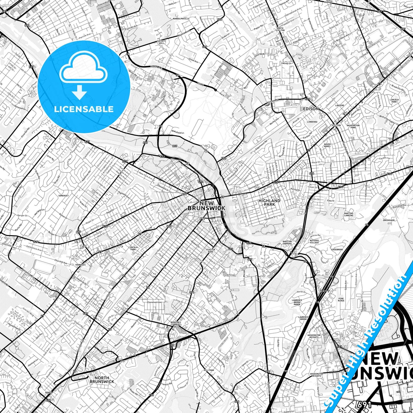 New Brunswick, New Jersey Light Map with Street Names, City Names, and Districts