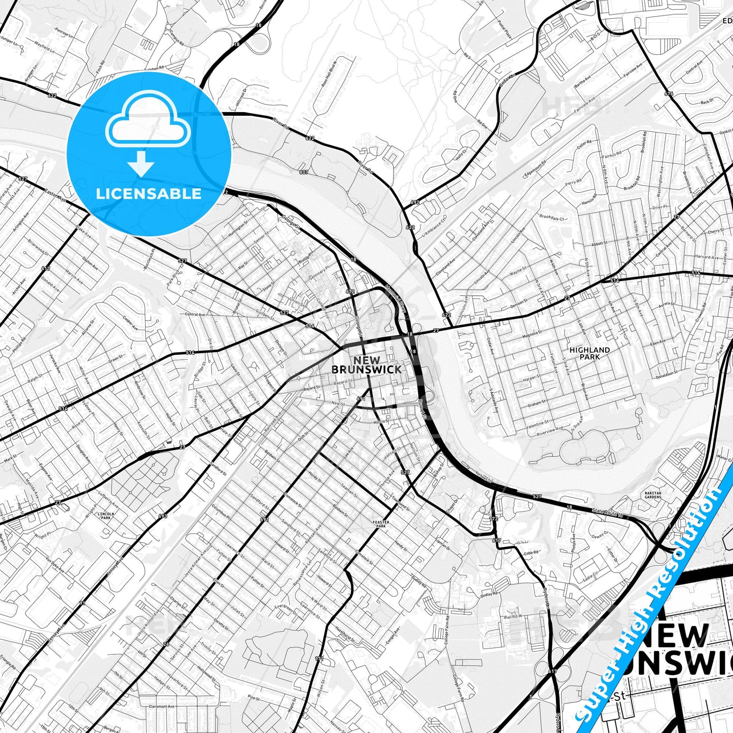 New Brunswick, New Jersey Light Map with Street Names, City Names, and Districts