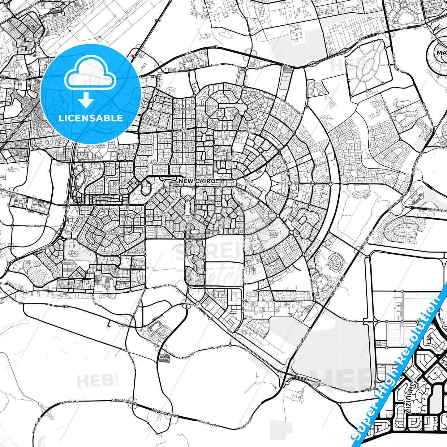 New Cairo, Egypt light map with streetnames, citynames and districts