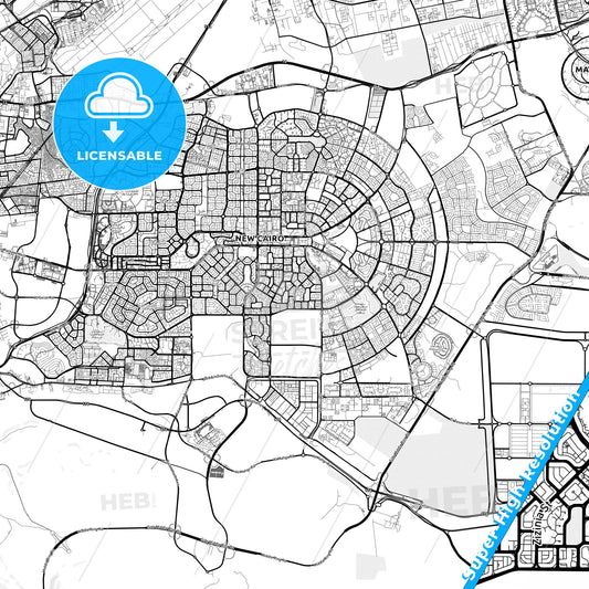 New Cairo, Egypt light map with streetnames, citynames and districts