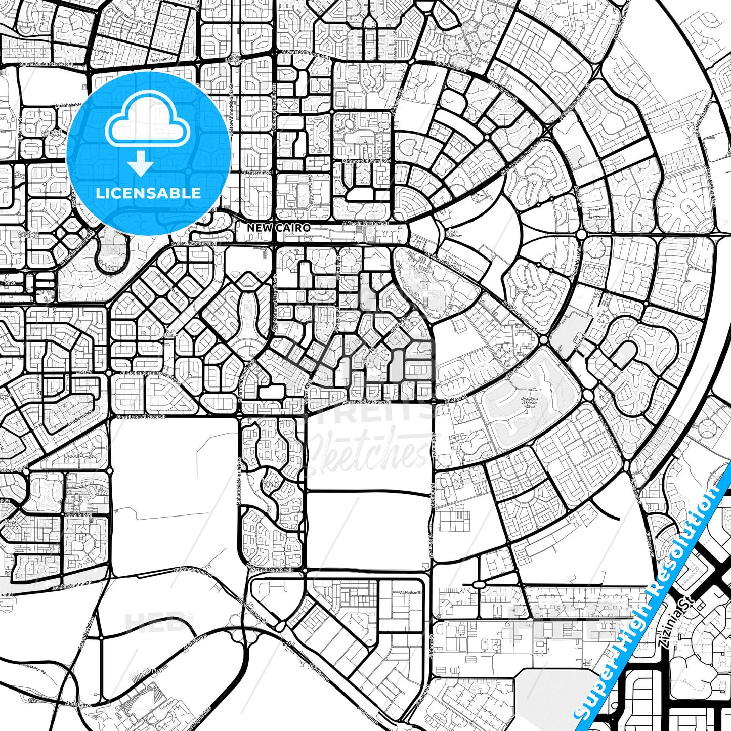 New Cairo, Egypt Light Map with Street Names, City Names, and Districts
