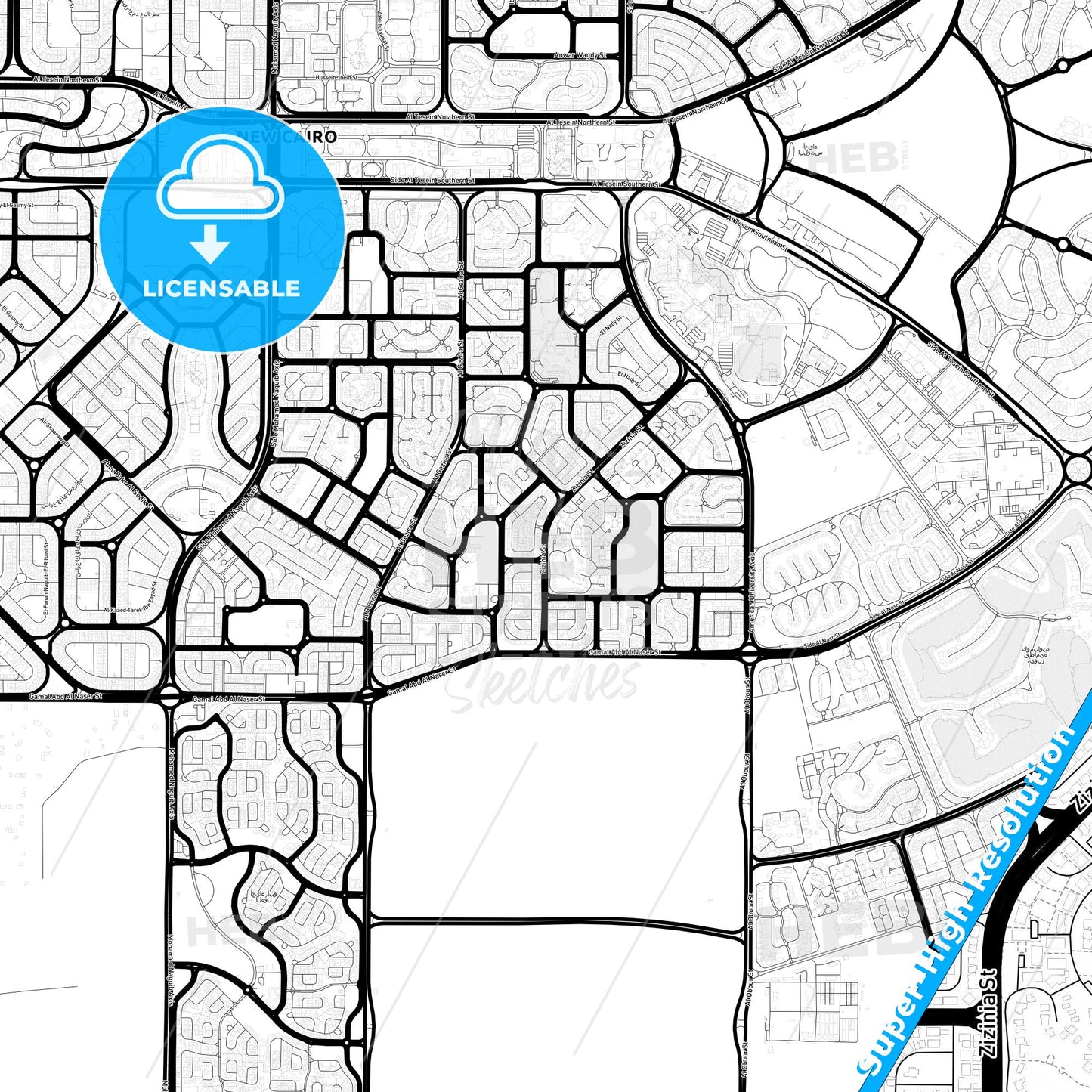 New Cairo, Egypt Light Map with Street Names, City Names, and Districts