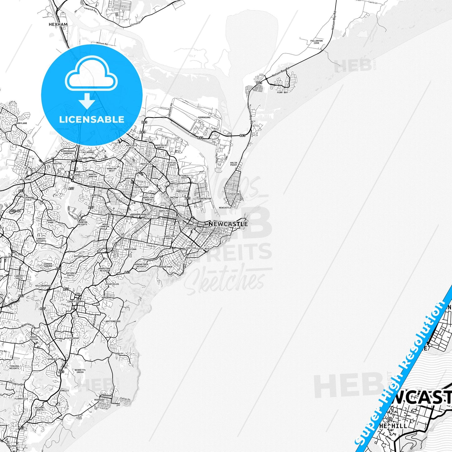 Newcastle–Maitland, Australia light map with streetnames, citynames and districts