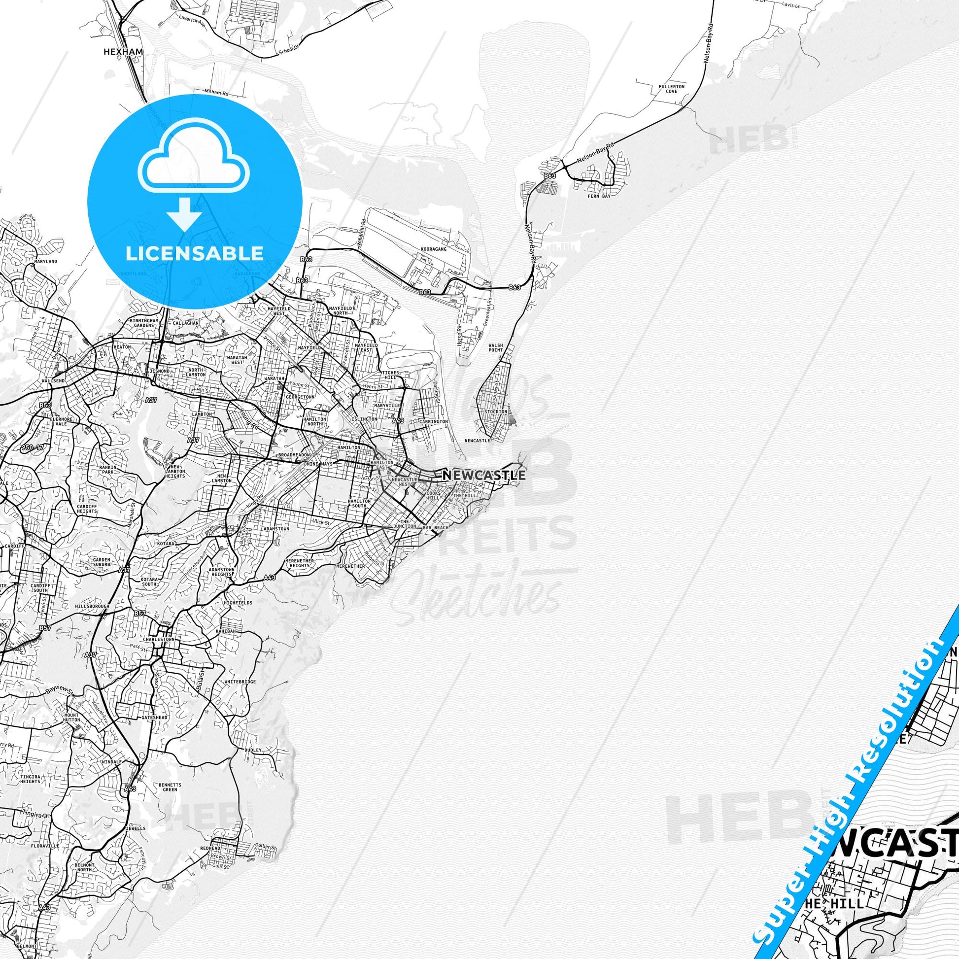 Newcastle–Maitland, Australia light map with streetnames, citynames and districts