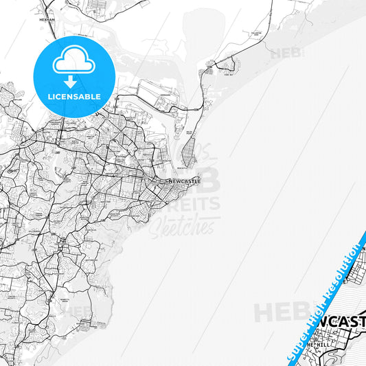Newcastle–Maitland, Australia light map with streetnames, citynames and districts