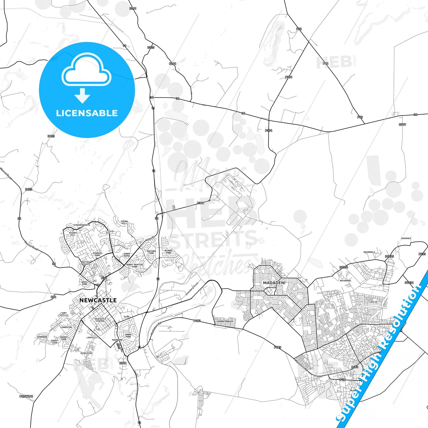 Newcastle, South Africa light map with streetnames, citynames and districts