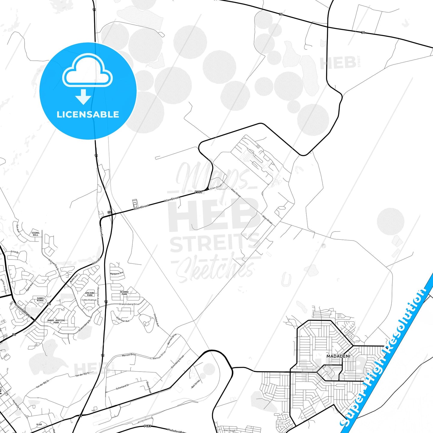 Newcastle, South Africa Light Map with Street Names, City Names, and Districts