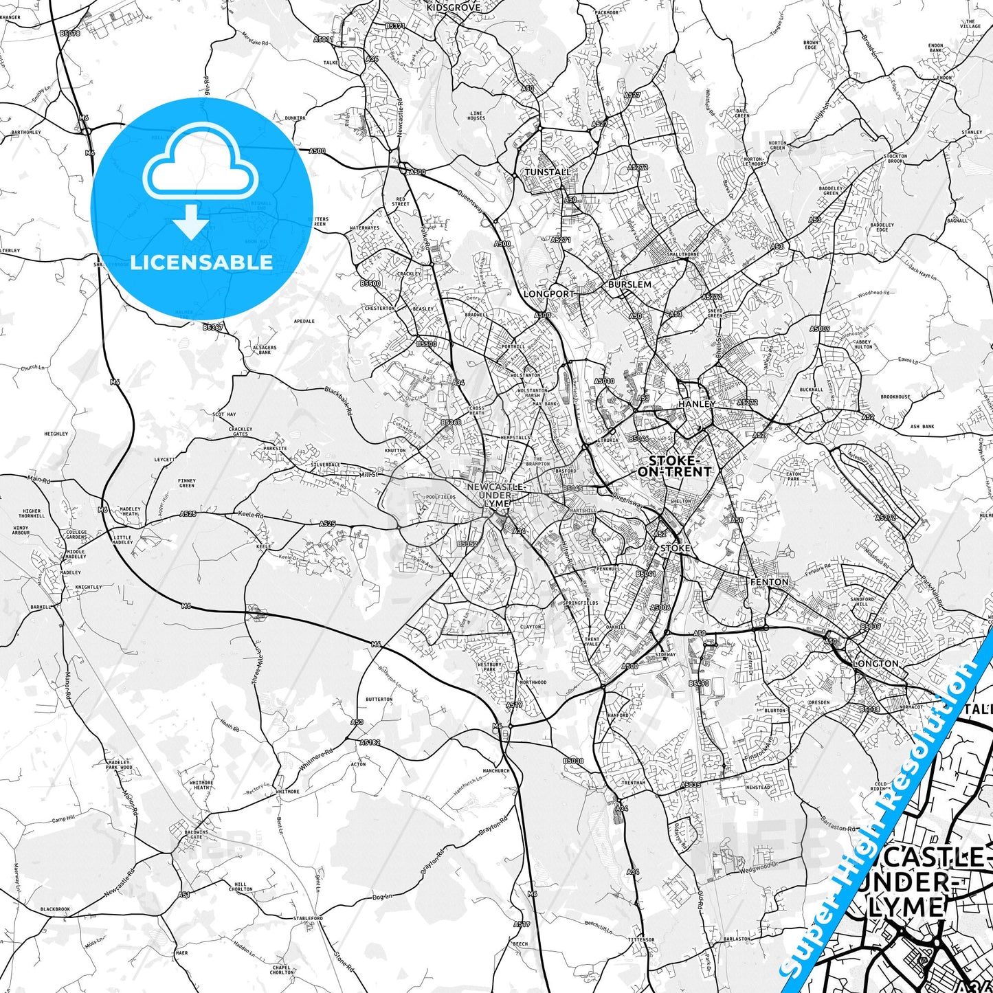 Newcastle-under-Lyme, England light map with streetnames, citynames and districts