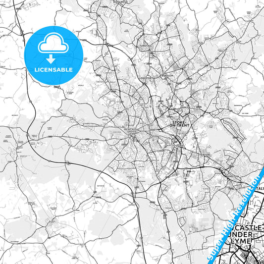 Newcastle-under-Lyme, England light map with streetnames, citynames and districts