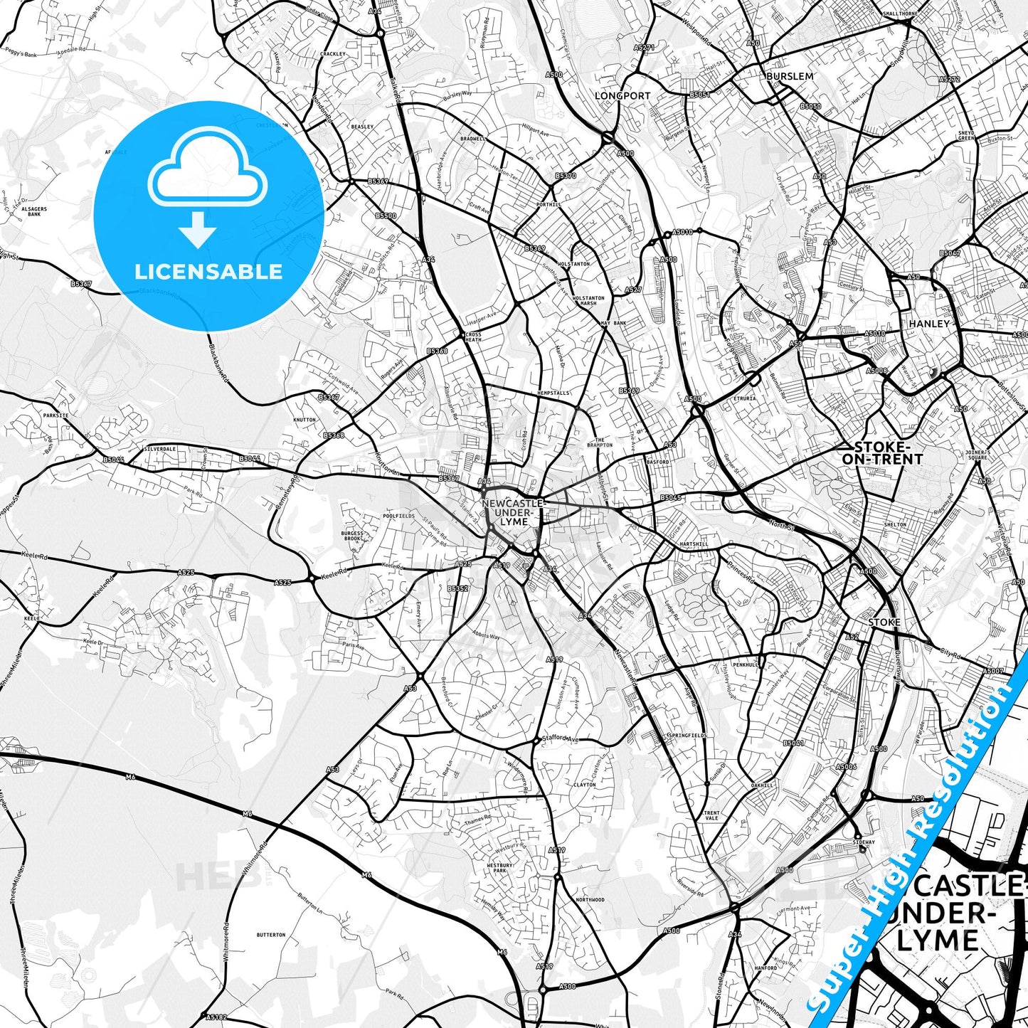 Newcastle-under-Lyme, England Light Map with Street Names, City Names, and Districts