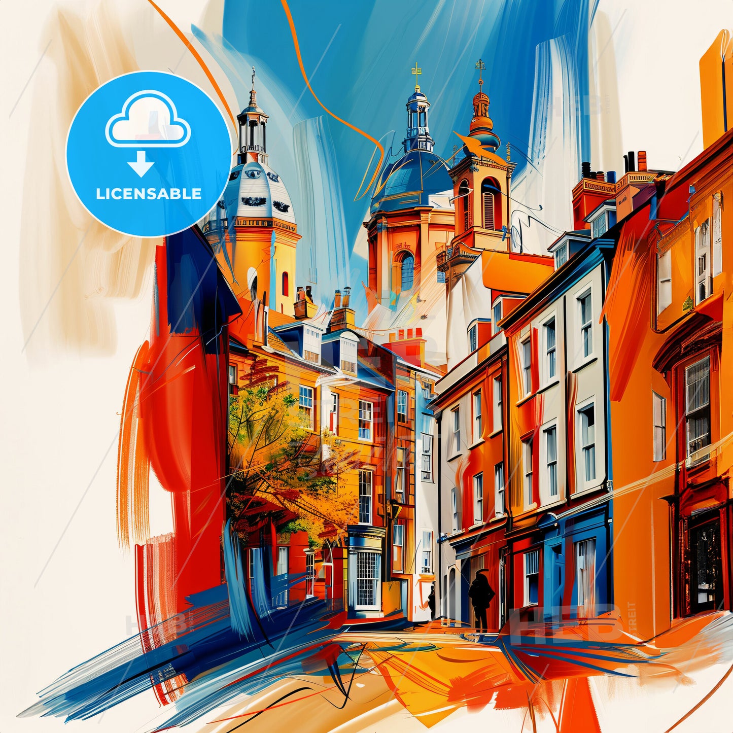 Vibrant Newcastle-Under-Lyme, England - A Painting Of Buildings And A Street