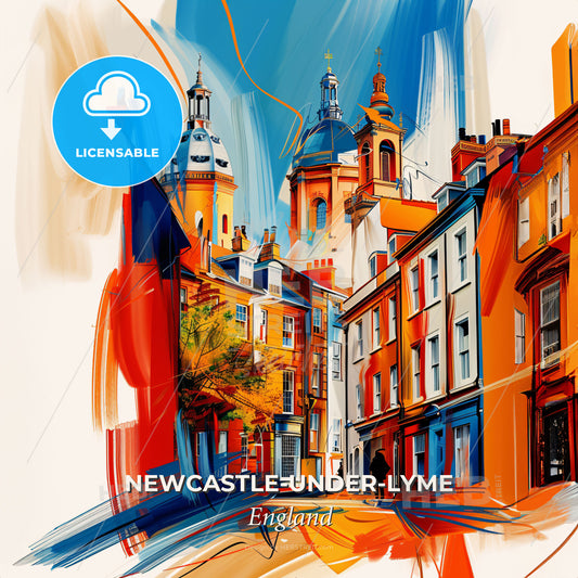 Vibrant Newcastle-Under-Lyme, England - A Painting Of Buildings And A Street - Square format print template