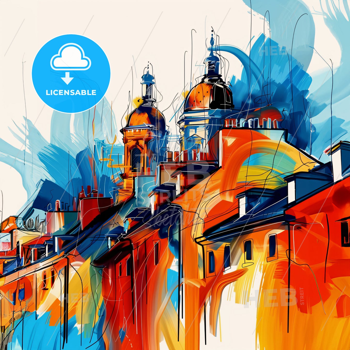 Vibrant Newcastle-Under-Lyme, England - A Colorful Painting Of Buildings