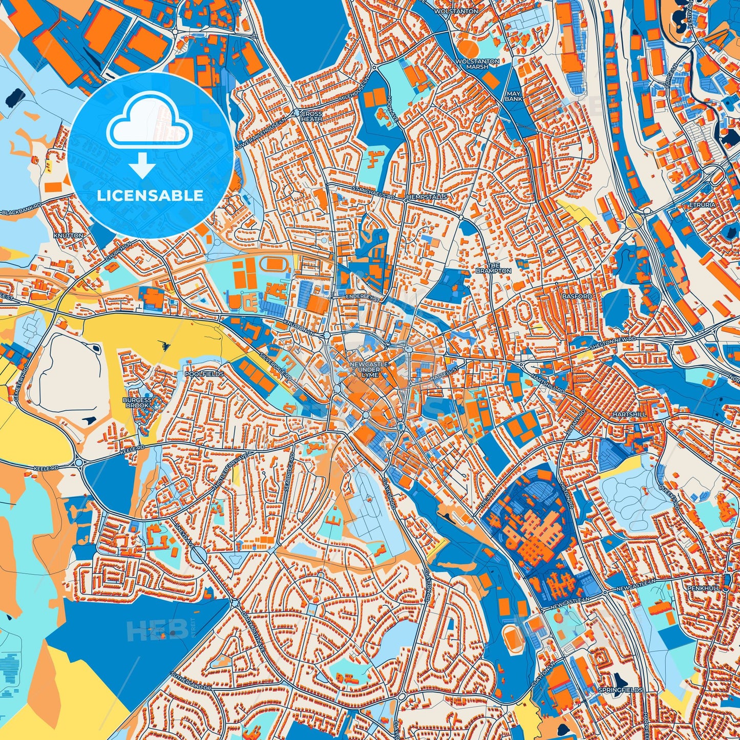 Colorful Newcastle-under-Lyme Street Map with Labels and Buildings