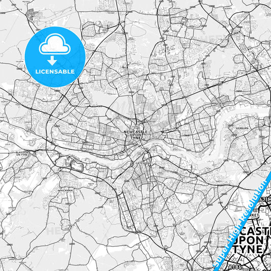 Newcastle upon Tyne, England light map with streetnames, citynames and districts