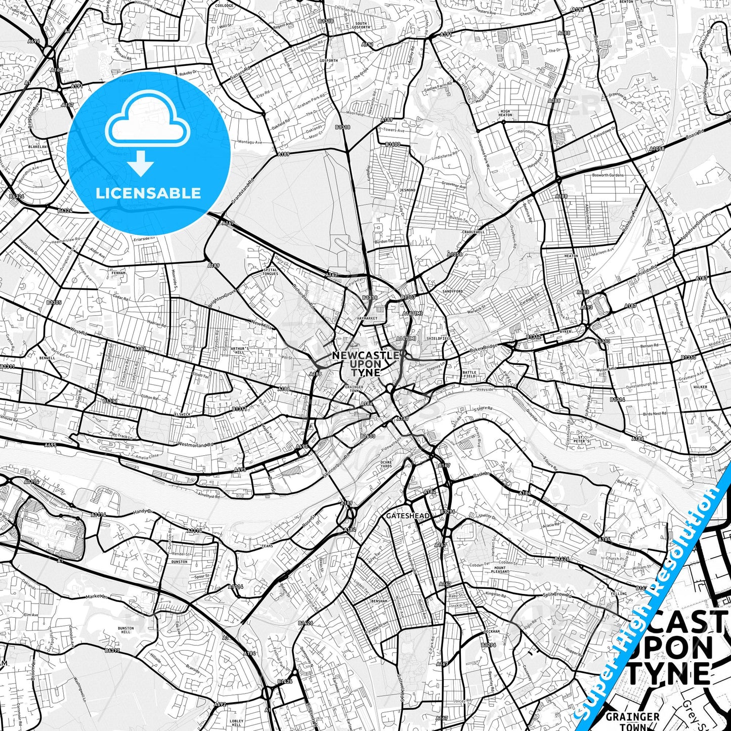 Newcastle upon Tyne, England Light Map with Street Names, City Names, and Districts