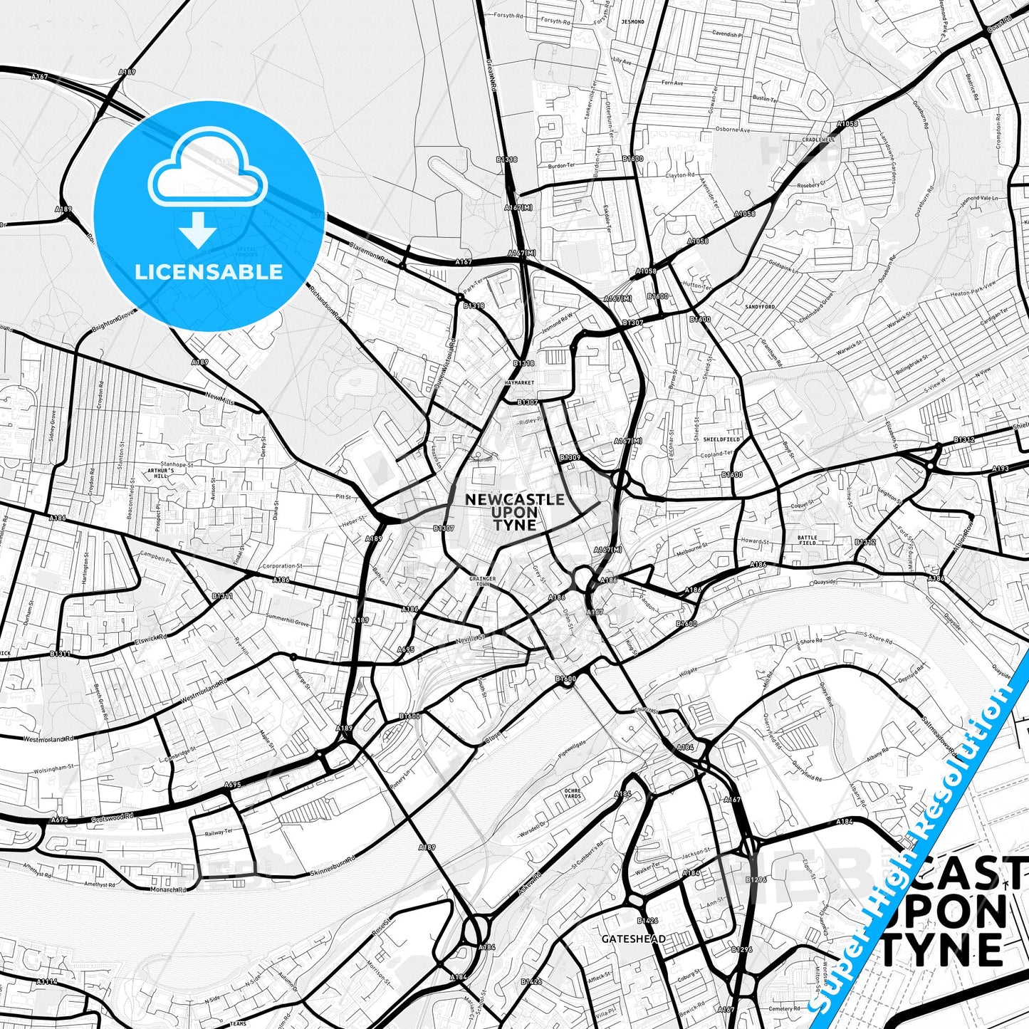 Newcastle upon Tyne, England Light Map with Street Names, City Names, and Districts