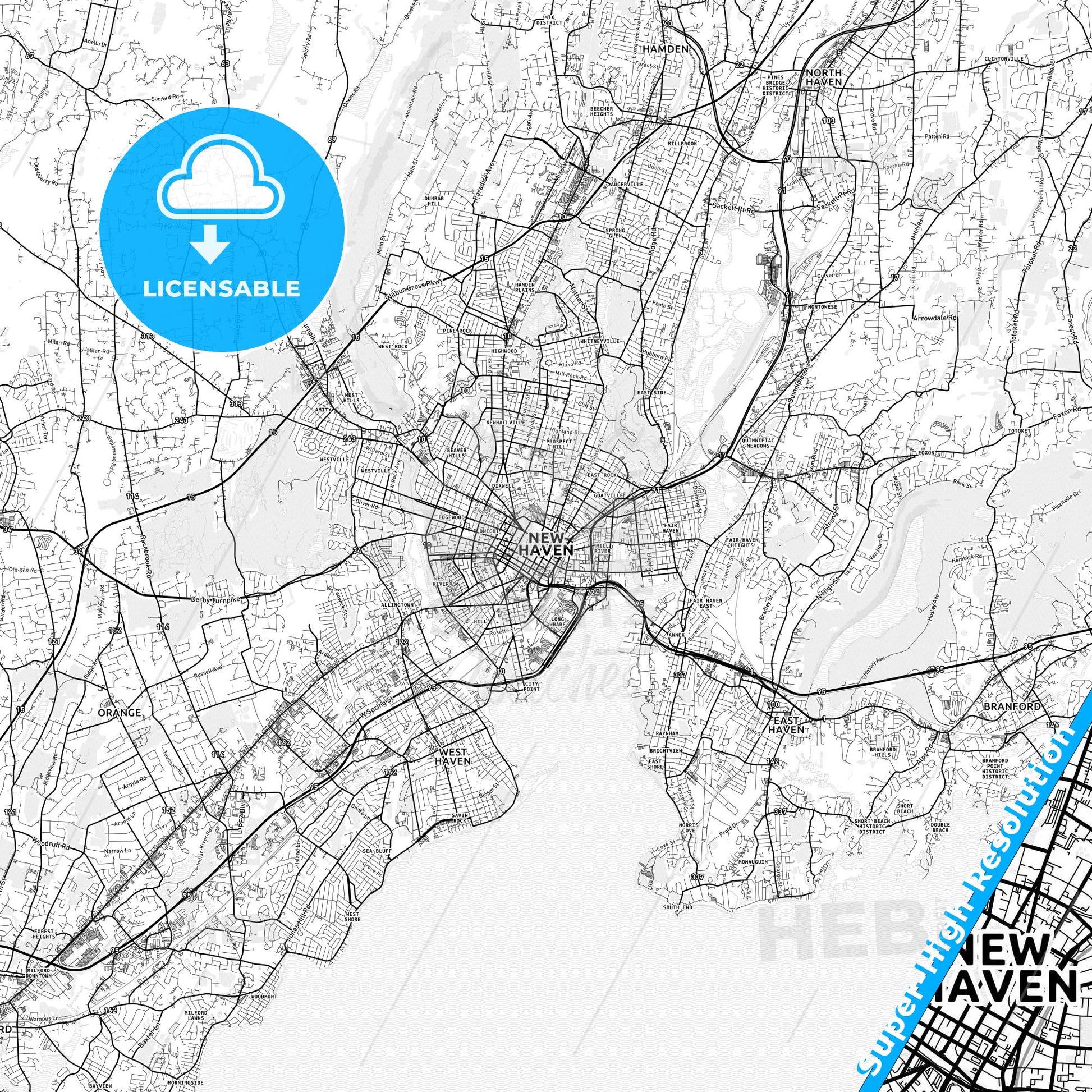 New Haven, Connecticut light map with streetnames, citynames and districts