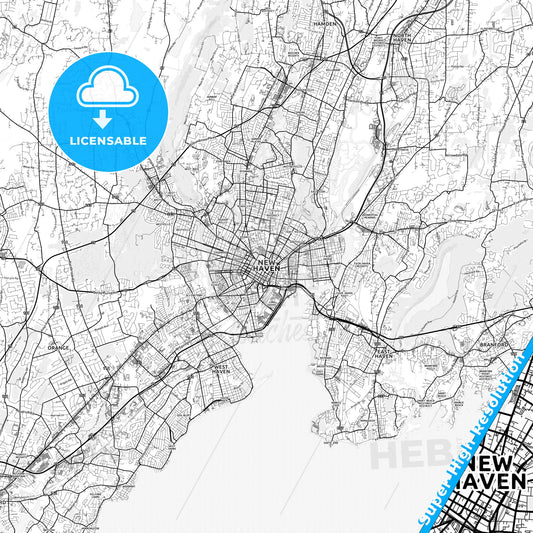 New Haven, Connecticut light map with streetnames, citynames and districts