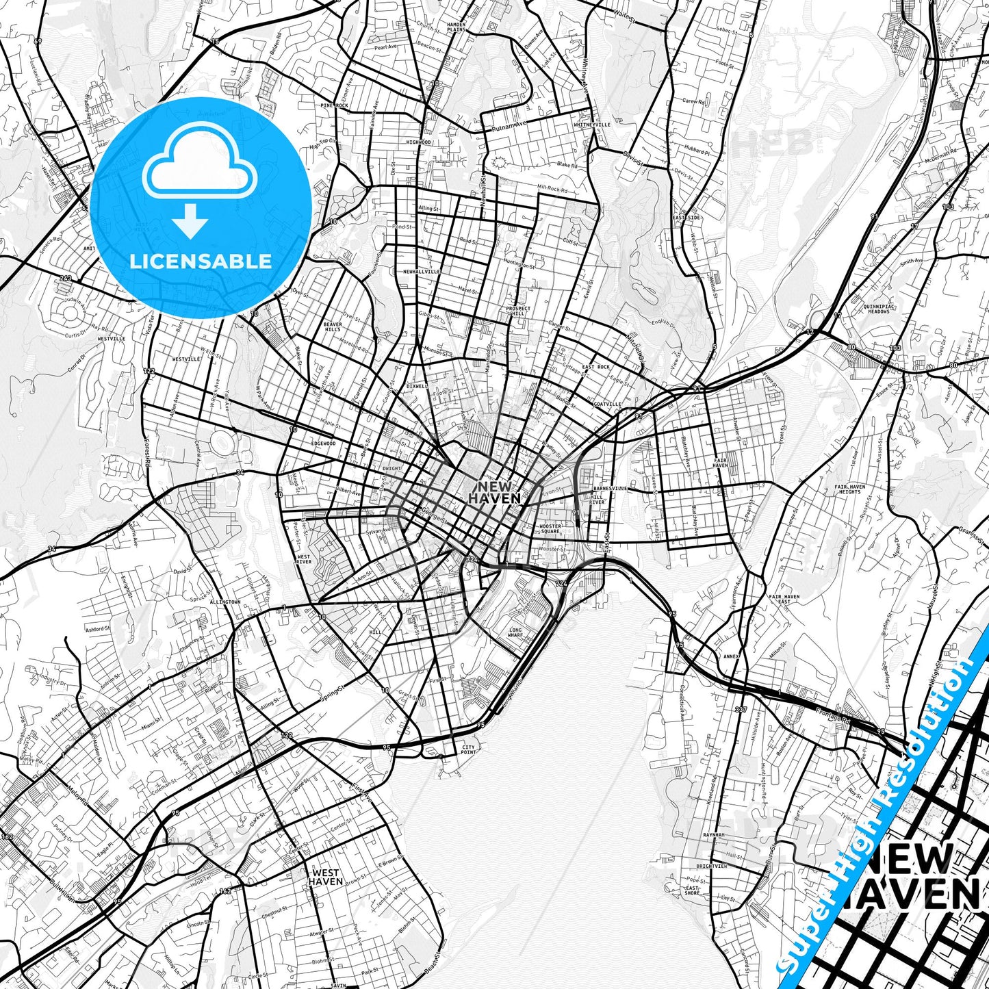 New Haven, Connecticut Light Map with Street Names, City Names, and Districts