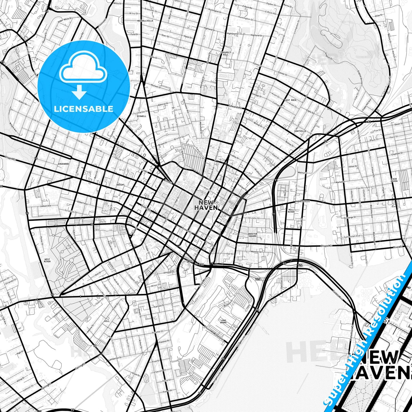 New Haven, Connecticut Light Map with Street Names, City Names, and Districts