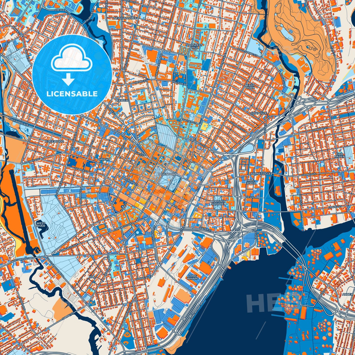Colorful New Haven Street Map with Labels and Buildings