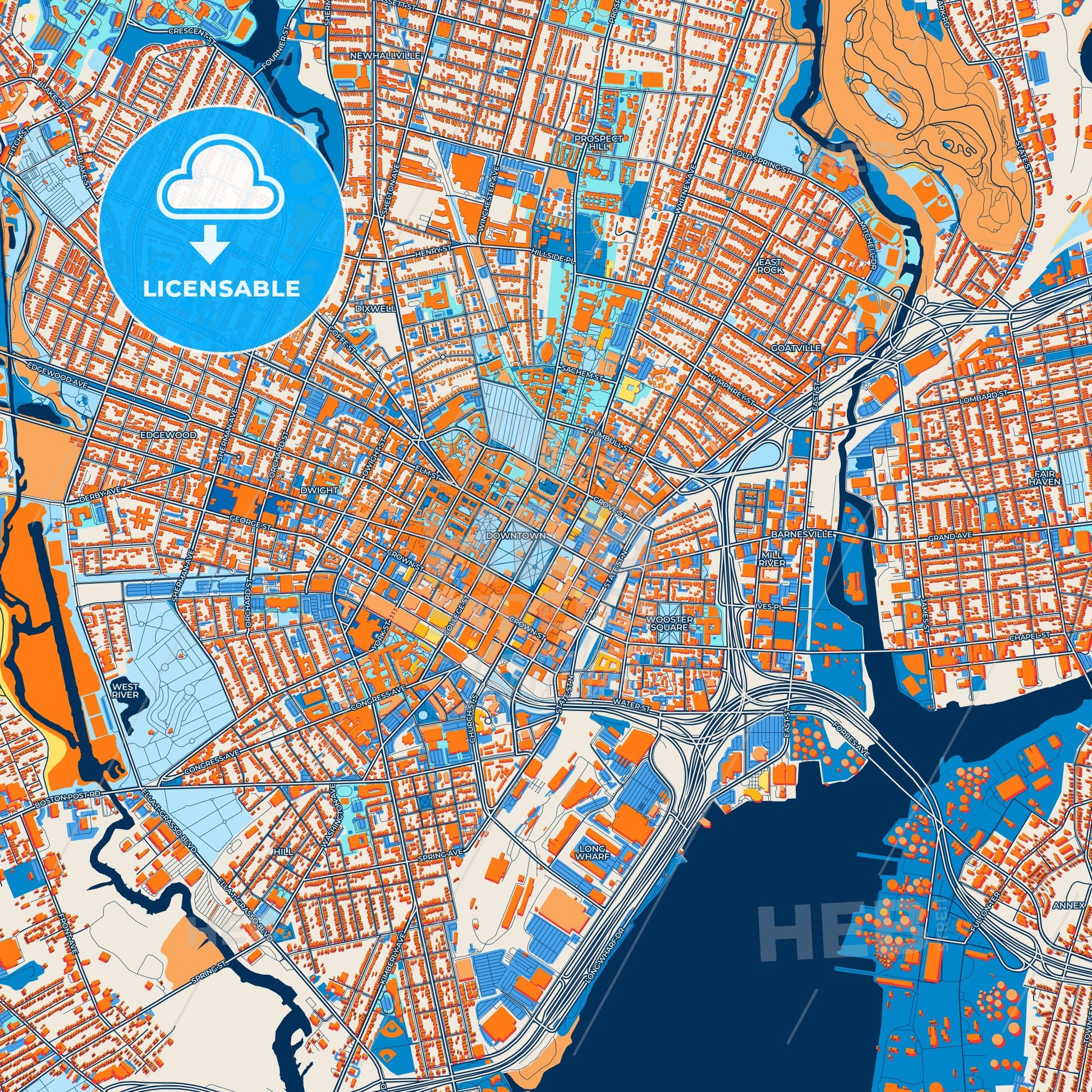 Colorful New Haven Street Map with Labels and Buildings