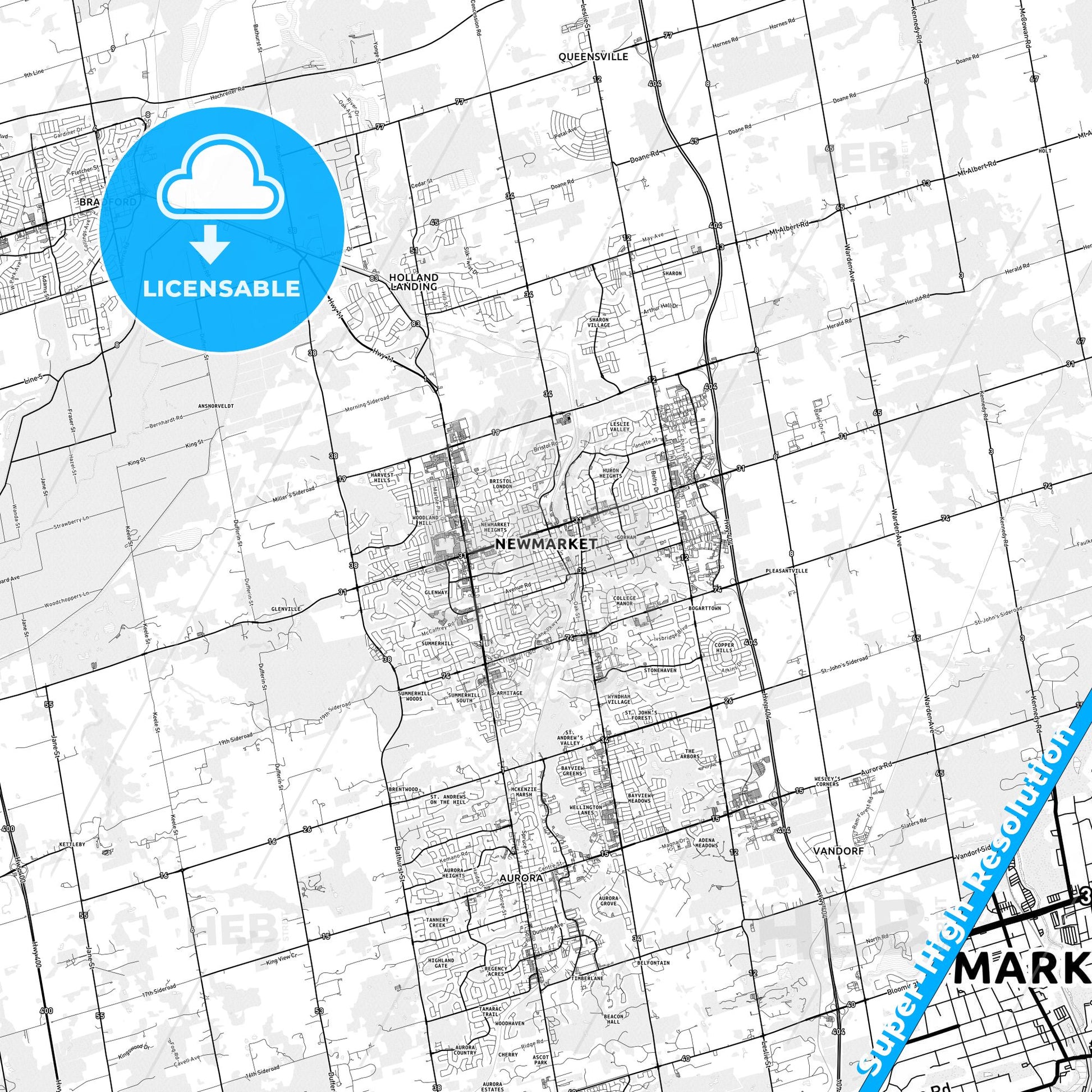 Newmarket, Canada light map with streetnames, citynames and districts