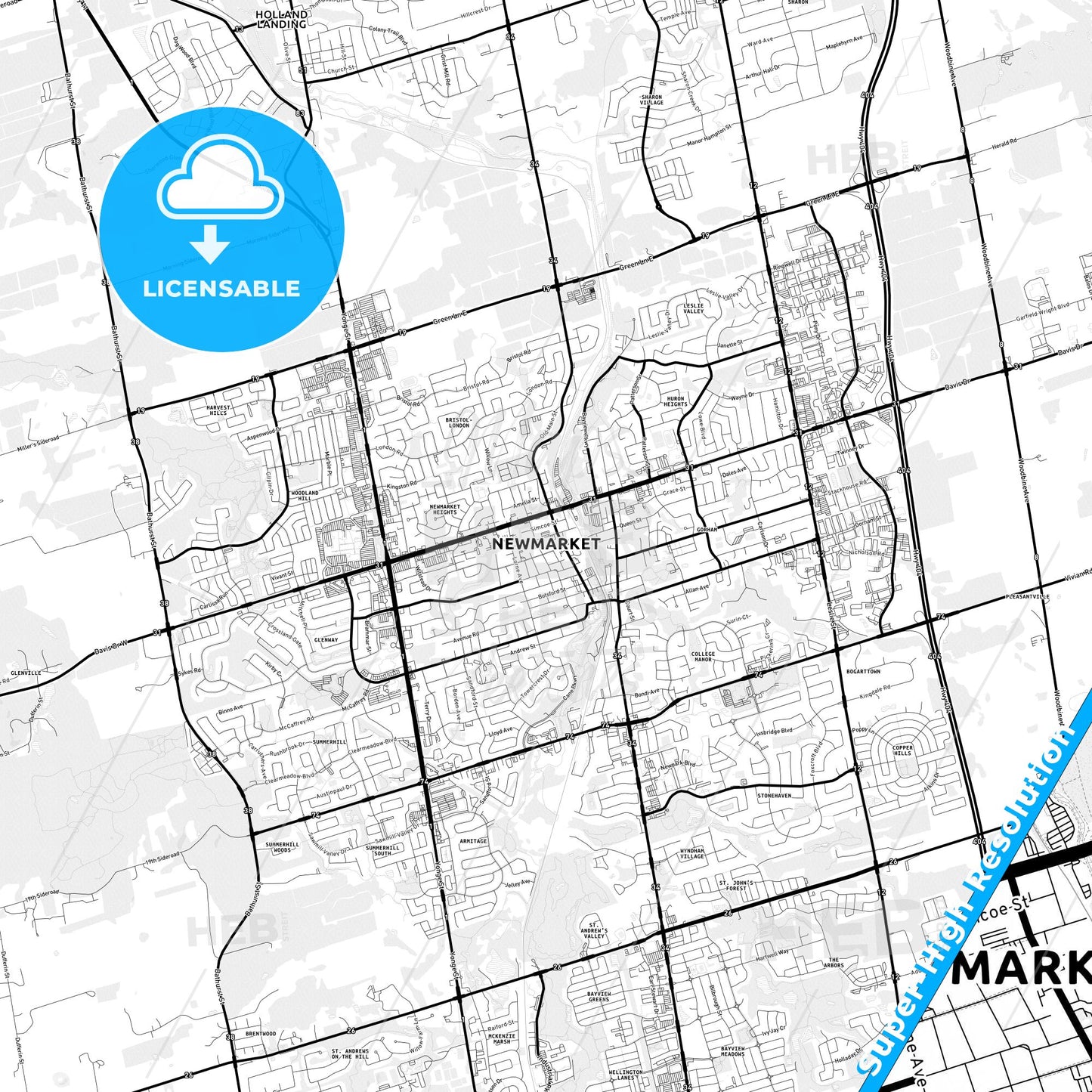 Newmarket, Canada Light Map with Street Names, City Names, and Districts