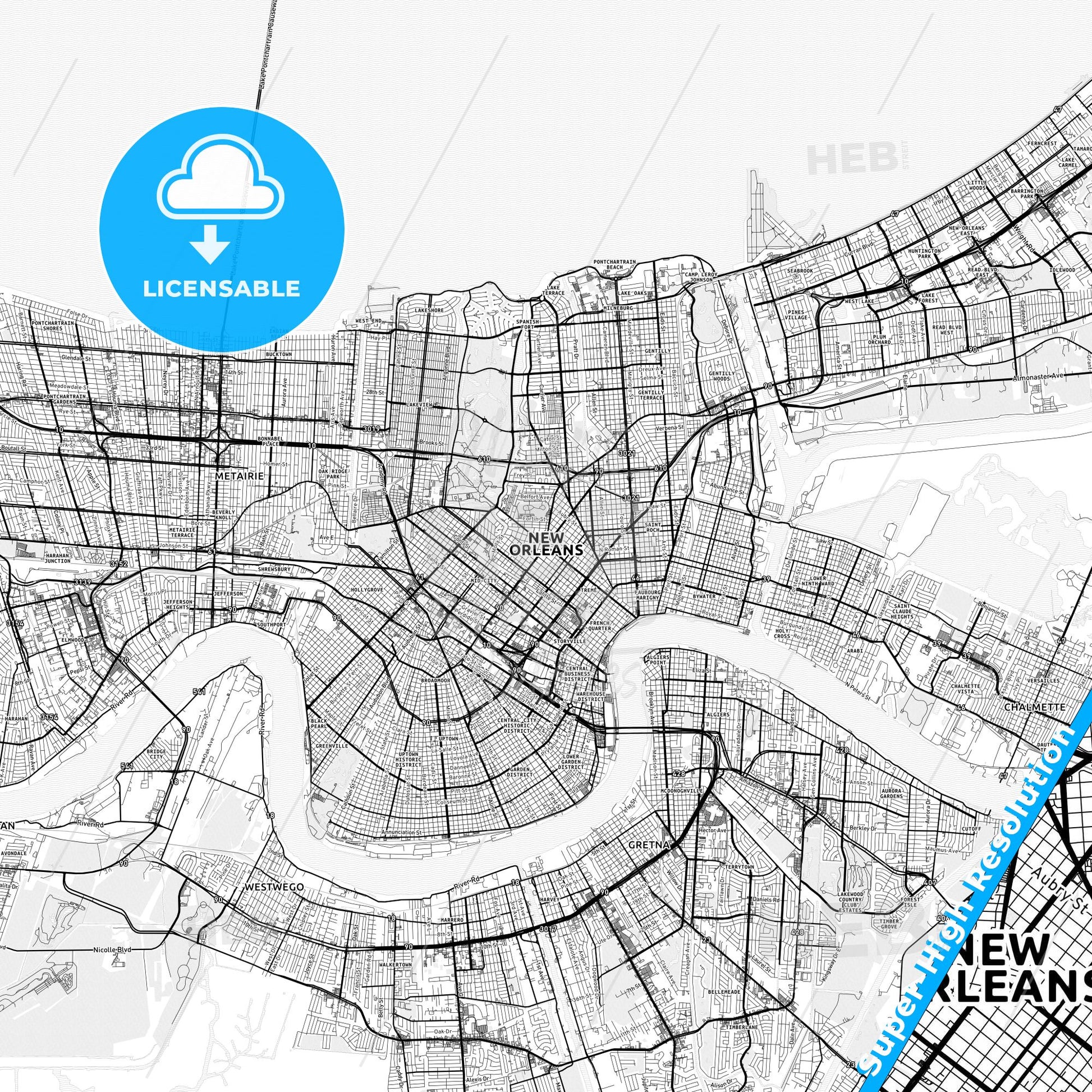 New Orleans, Louisiana light map with streetnames, citynames and districts