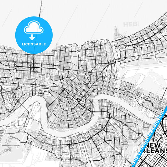 New Orleans, Louisiana light map with streetnames, citynames and districts