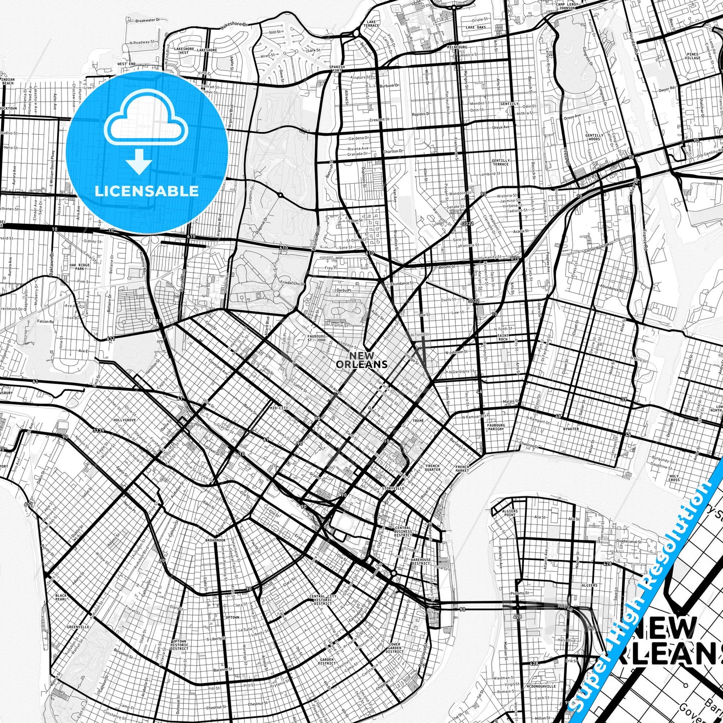 New Orleans, Louisiana Light Map with Street Names, City Names, and Districts