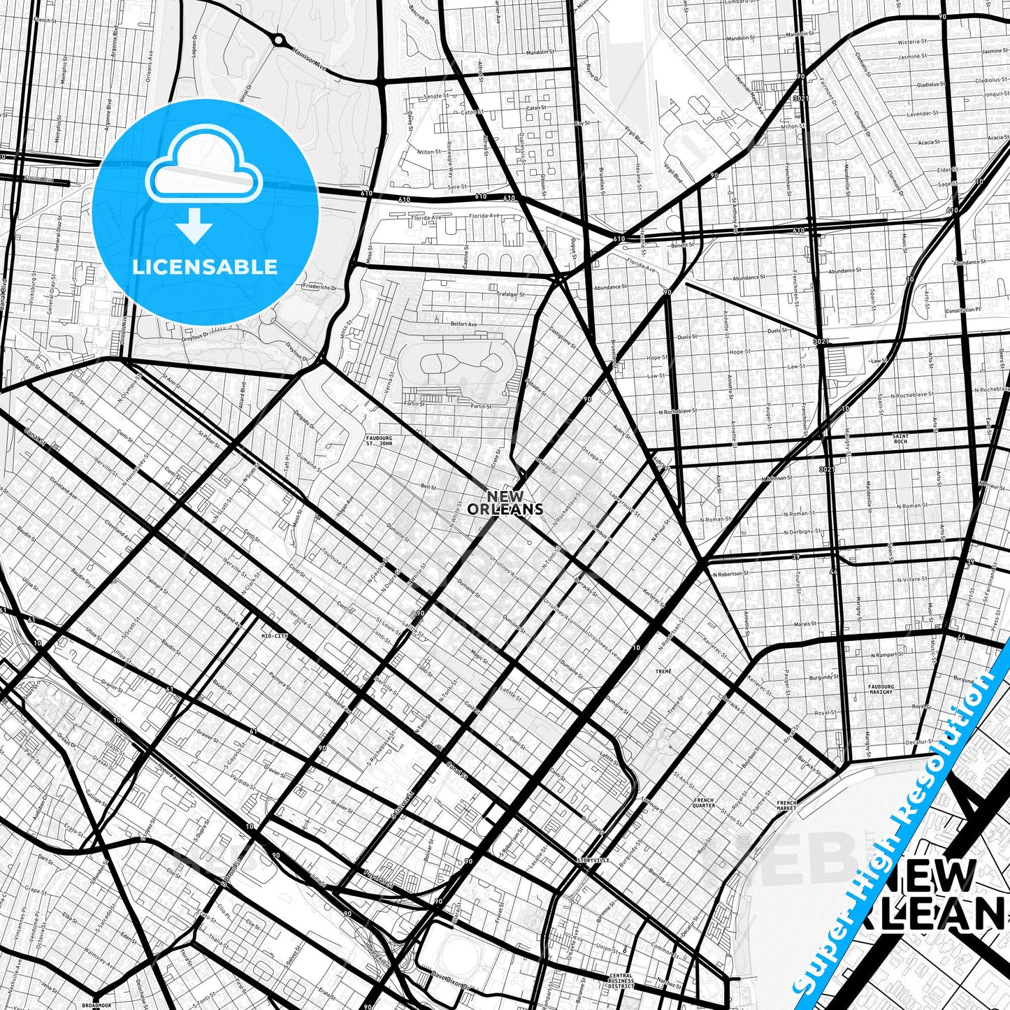 New Orleans, Louisiana Light Map with Street Names, City Names, and Districts