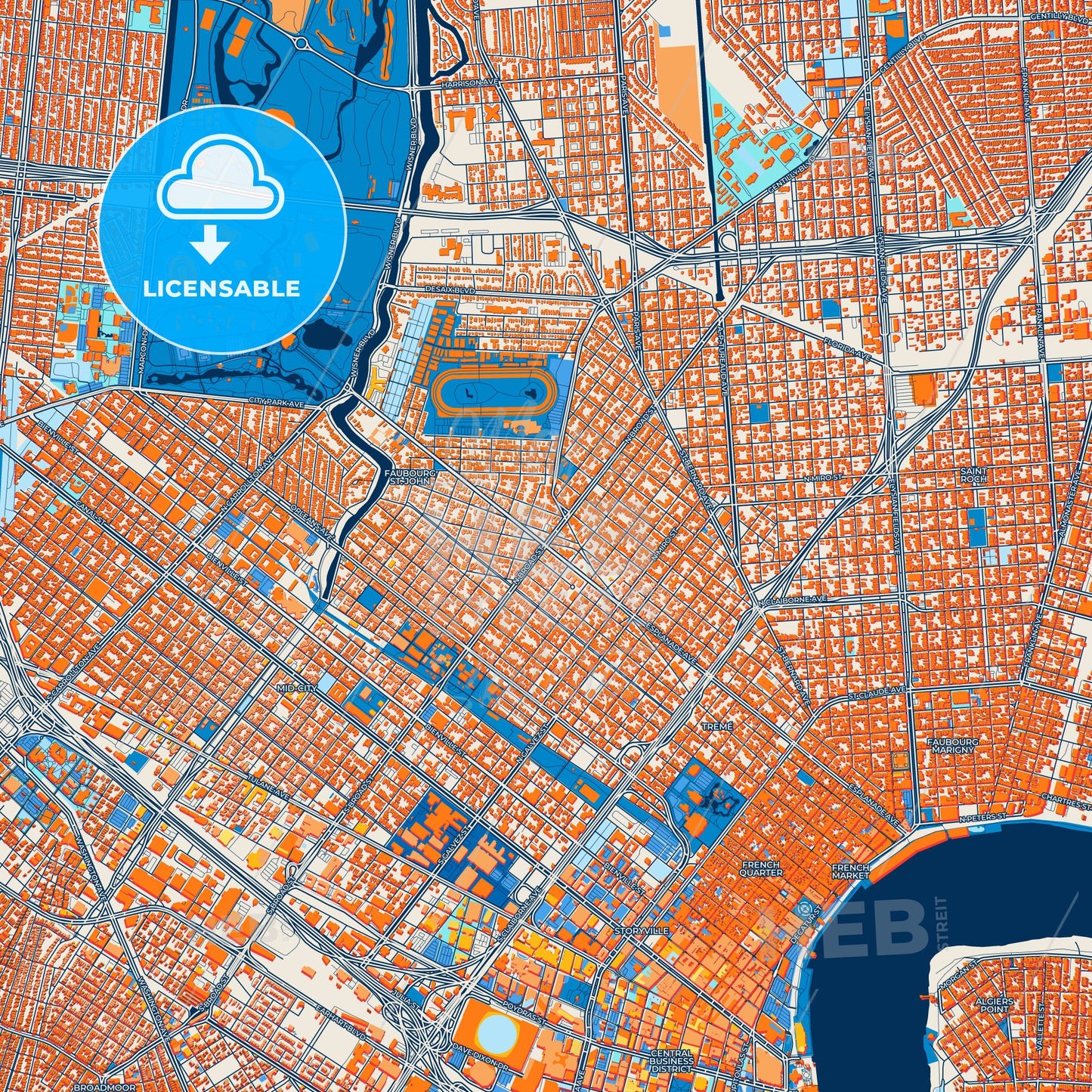 Colorful New Orleans Street Map with Labels and Buildings