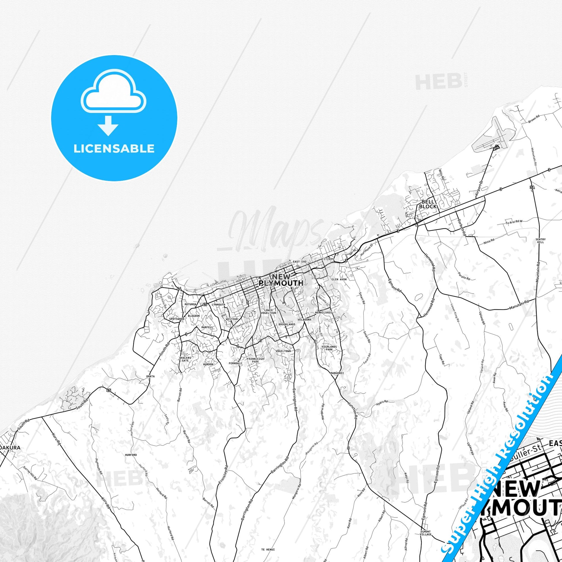 New Plymouth, New Zealand light map with streetnames, citynames and districts