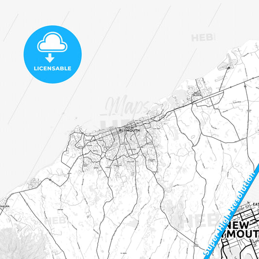 New Plymouth, New Zealand light map with streetnames, citynames and districts
