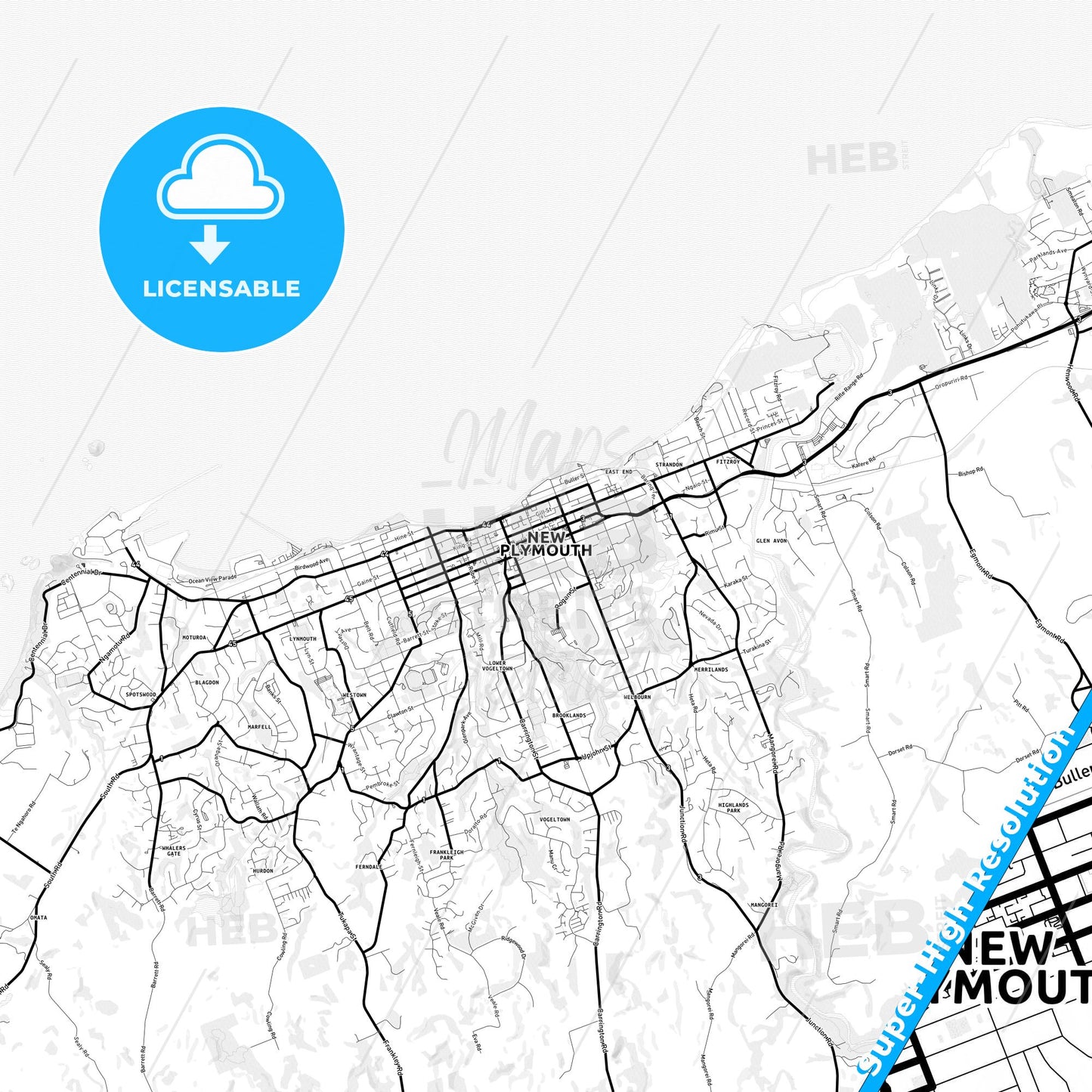 New Plymouth, New Zealand Light Map with Street Names, City Names, and Districts