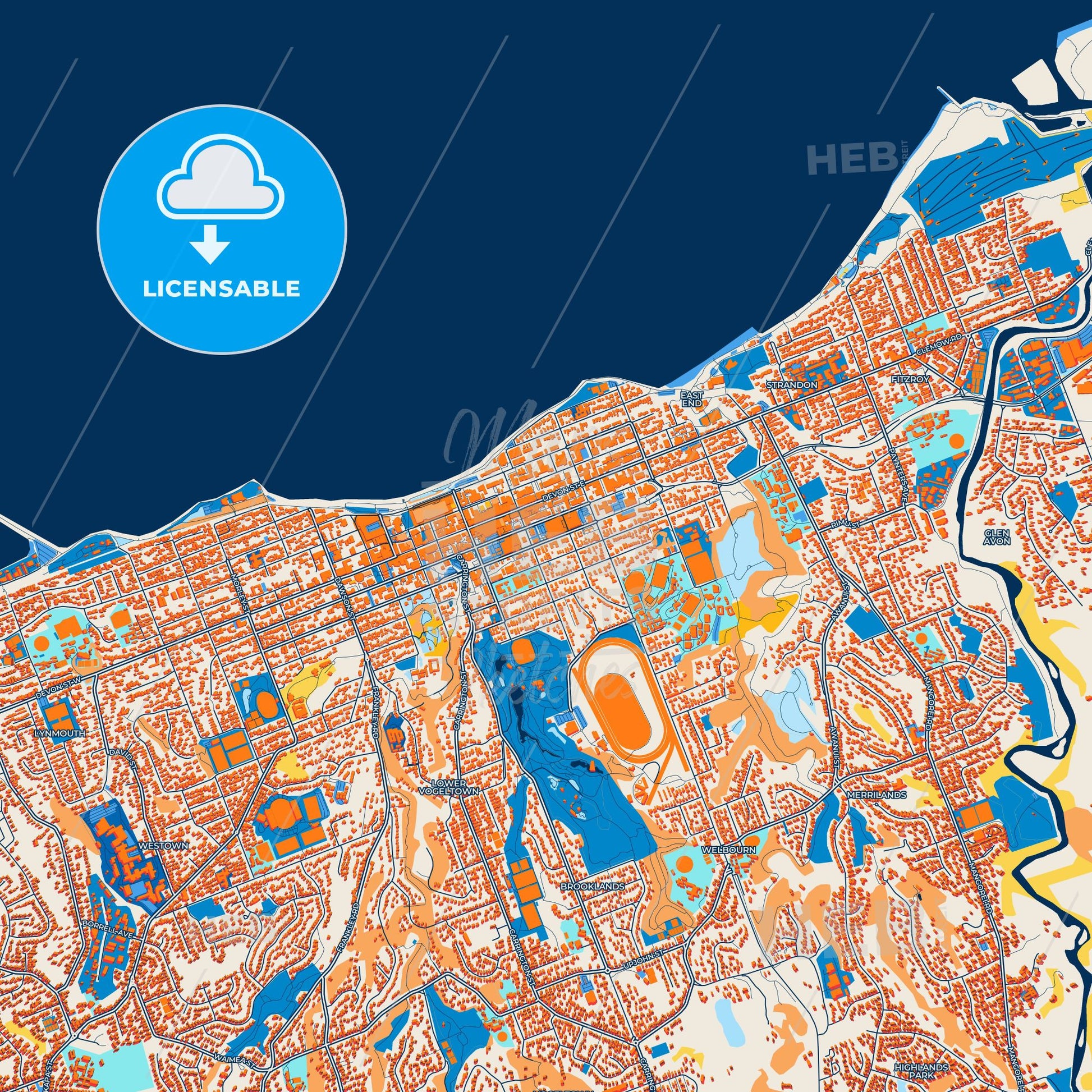 Colorful New Plymouth Street Map with Labels and Buildings
