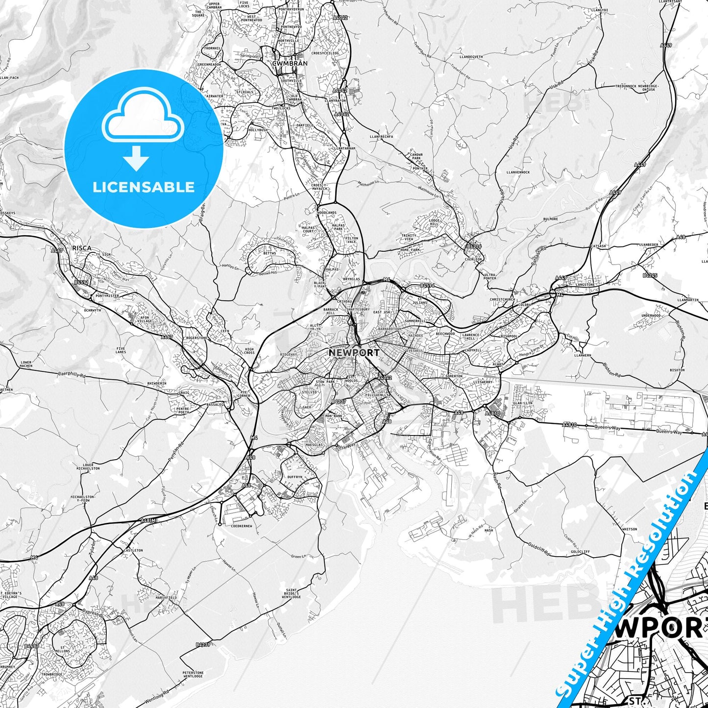 Newport, Wales light map with streetnames, citynames and districts