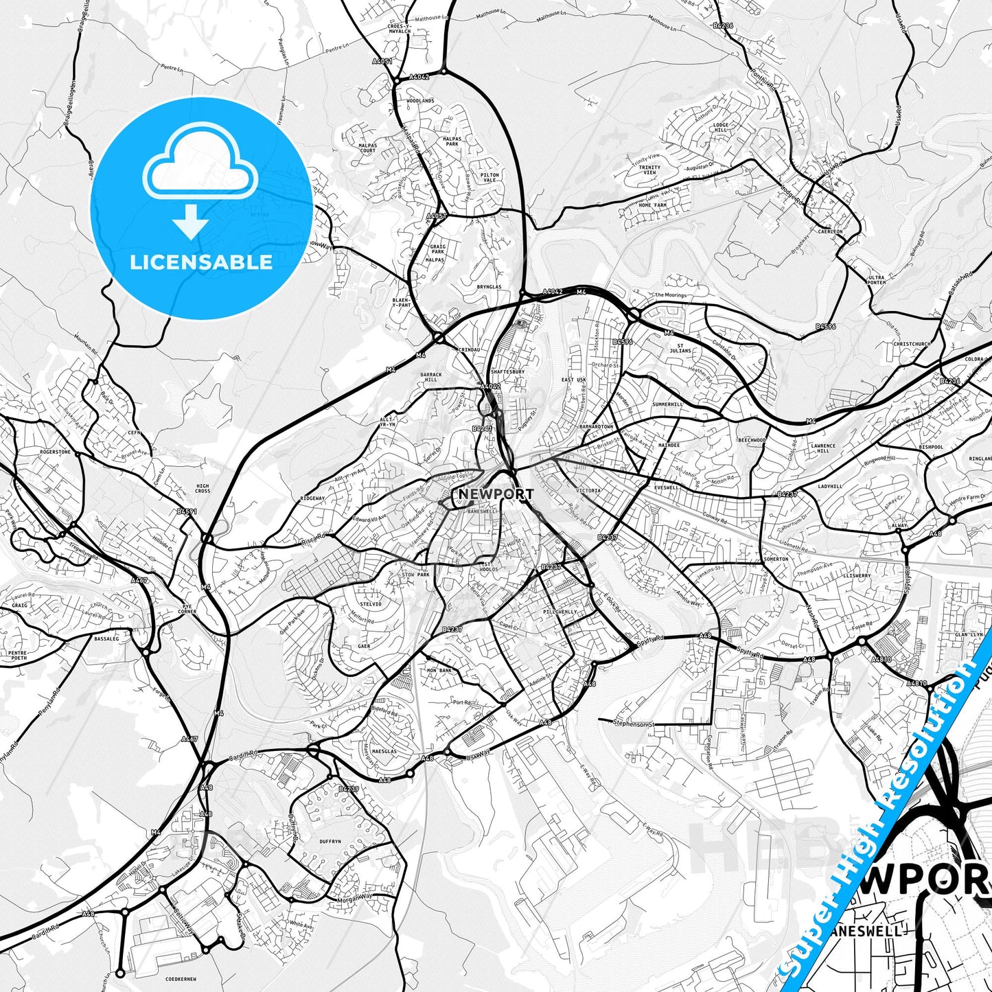 Newport, Wales Light Map with Street Names, City Names, and Districts