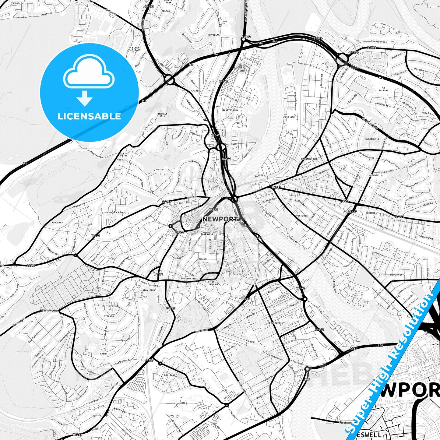 Newport, Wales Light Map with Street Names, City Names, and Districts
