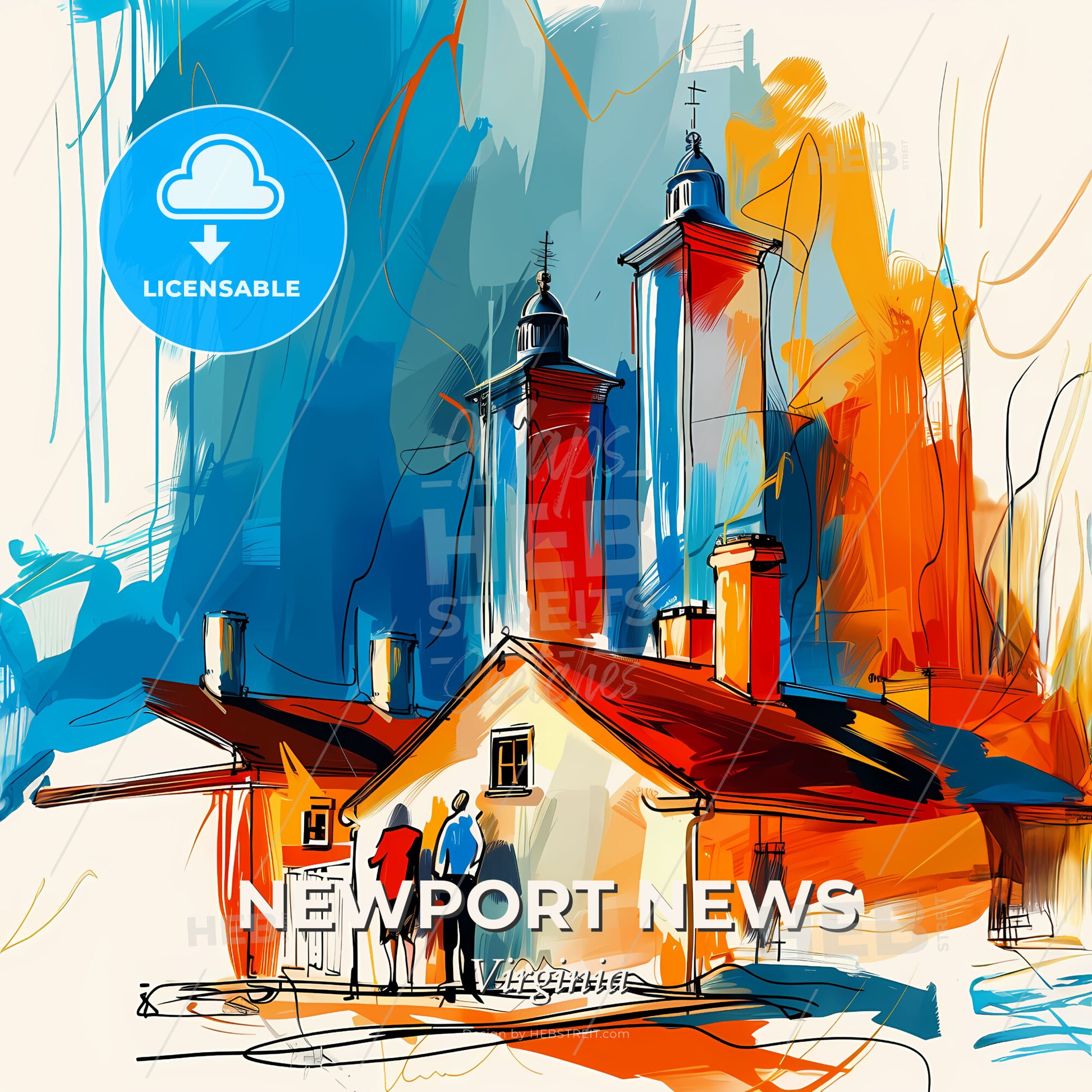 Vibrant Newport News, Virginia - A Painting Of A Couple Of People Standing In Front Of A Building - Square format print template