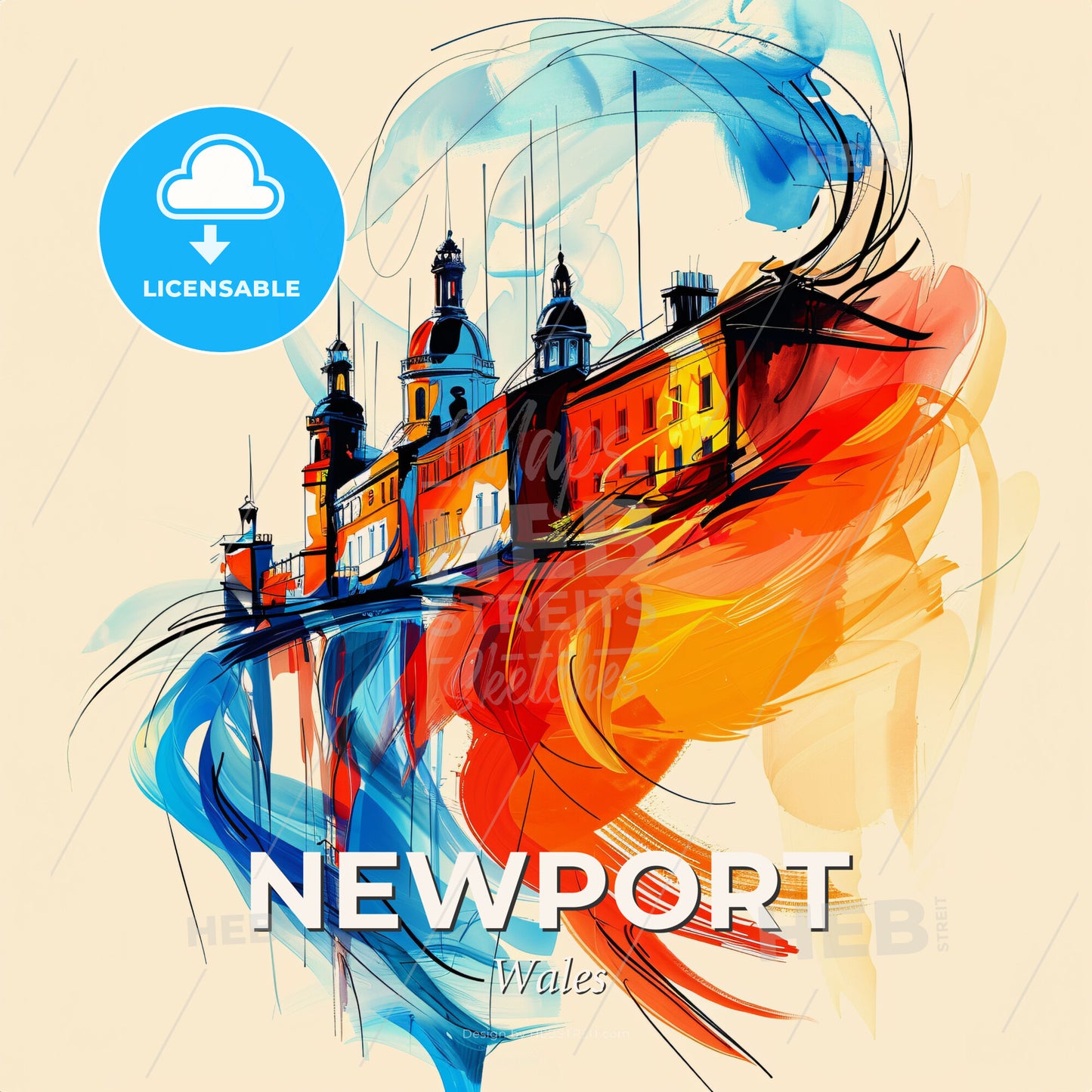 Vibrant Newport, Wales - A Painting Of A Building With A Colorful Background - Square format print template