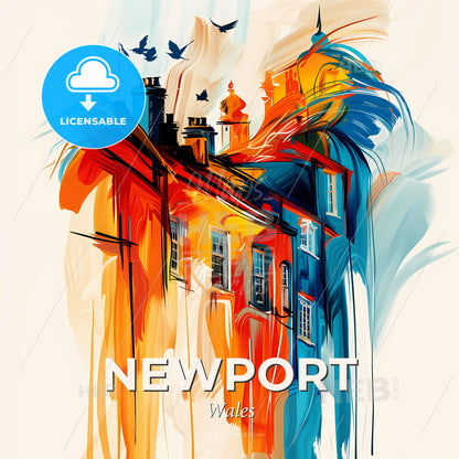 Vibrant Newport, Wales - A Painting Of A Building With Birds Flying - Square format print template