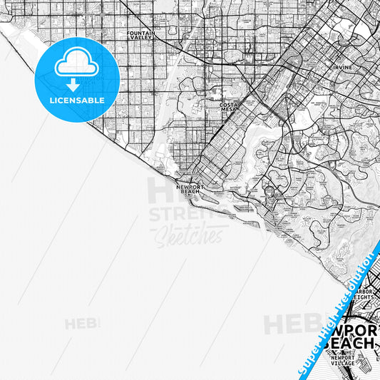 Newport Beach, California light map with streetnames, citynames and districts